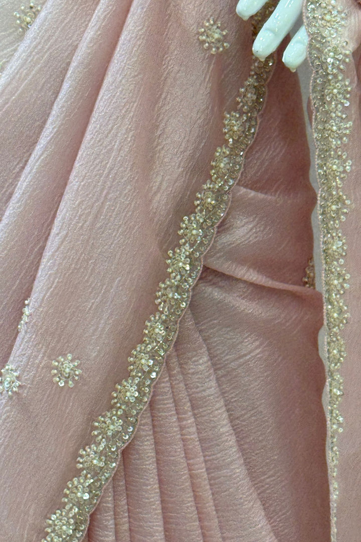 Baby Pink Saree with Sequins, Pearl and Beads work