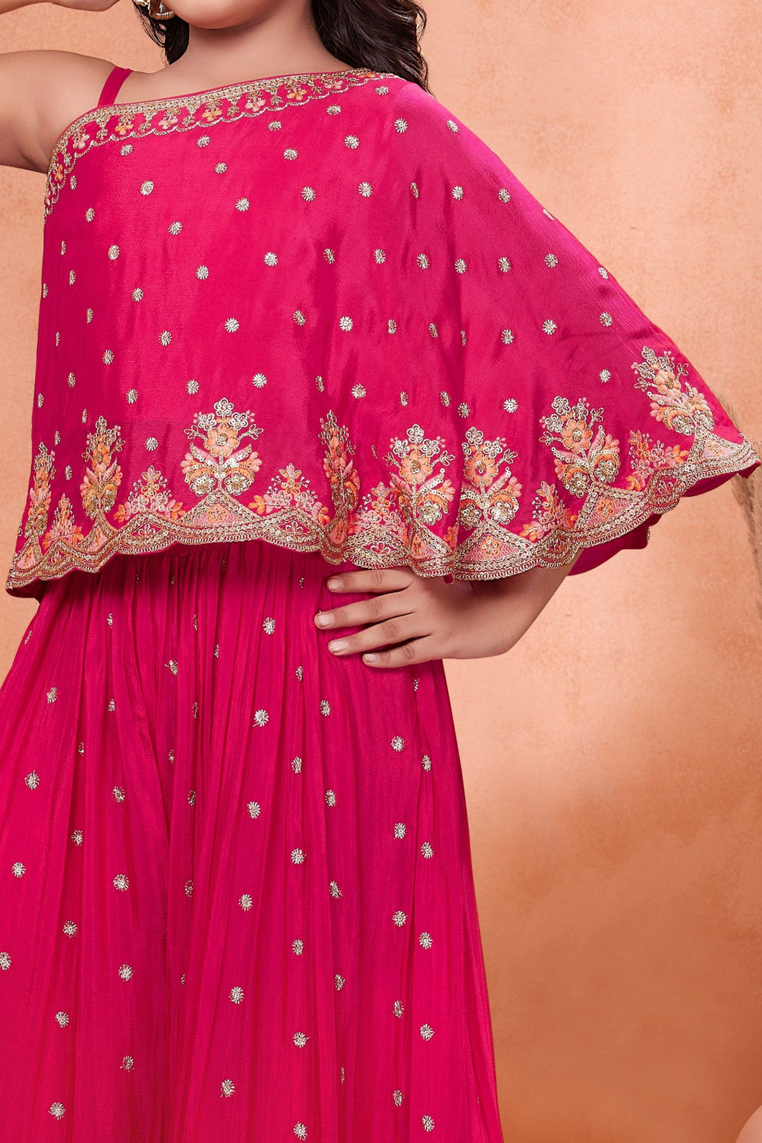 Rani Pink Sequins, Zari, Embroidery and Stone work Poncho Styled Palazzo Set for Girls
