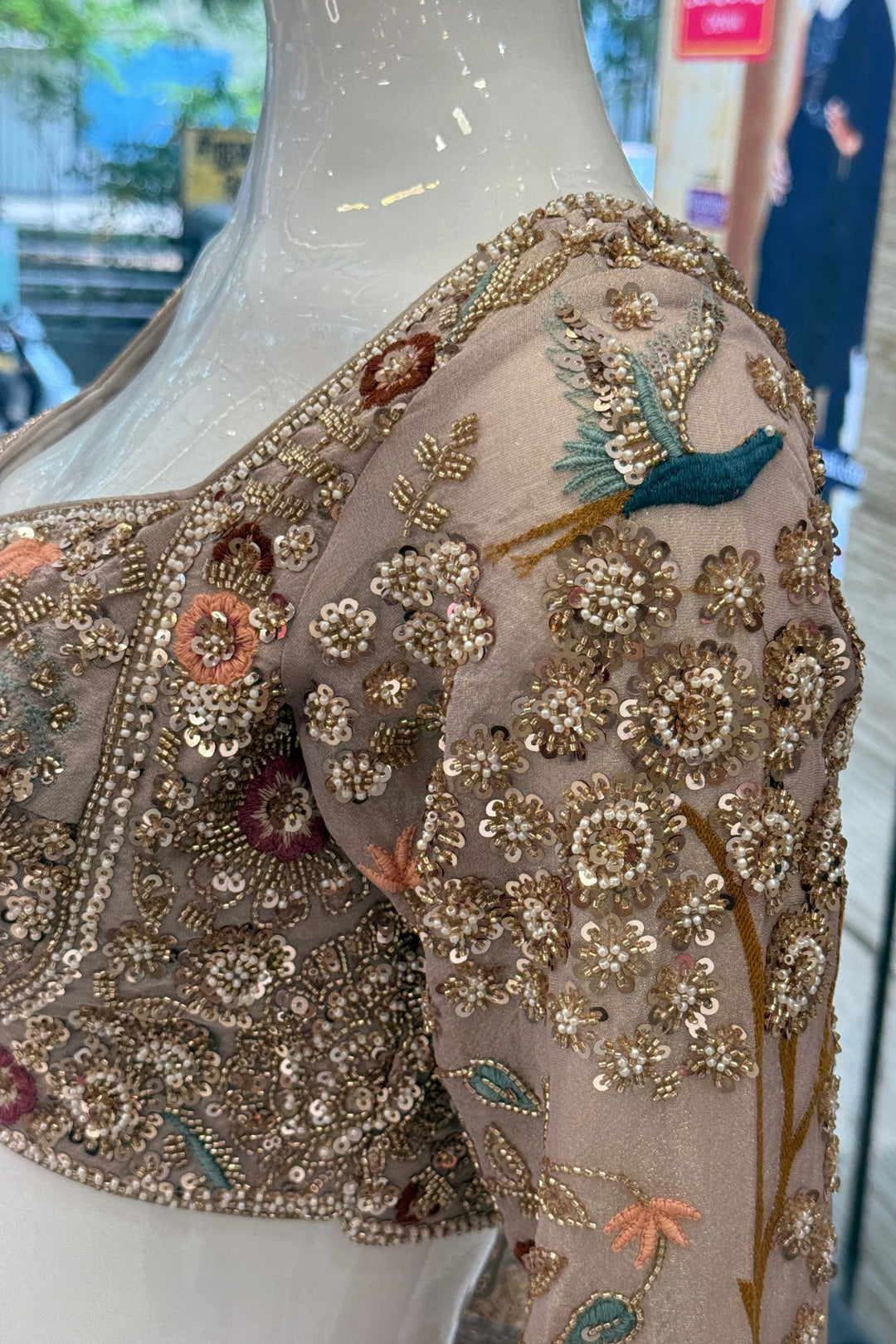 Beige Wedding Lehenga with Bird and Deer Motifs and Floral Bloom Embroidery with Belt
