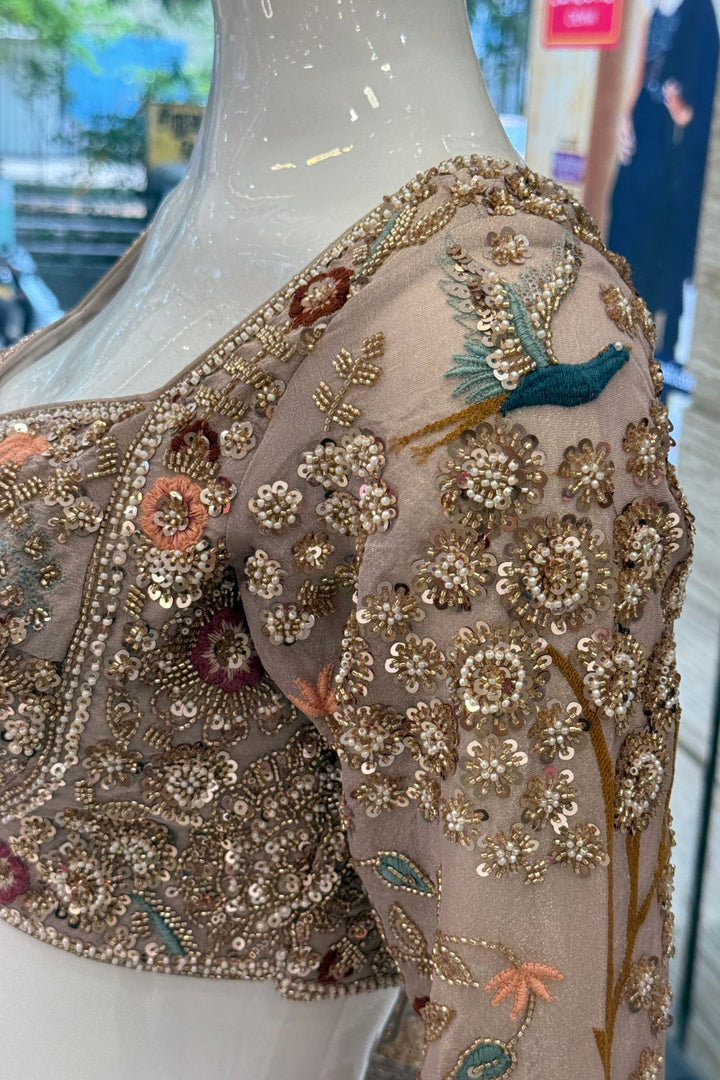 Beige Wedding Lehenga with Bird and Deer Motifs and Floral Bloom Embroidery with Belt