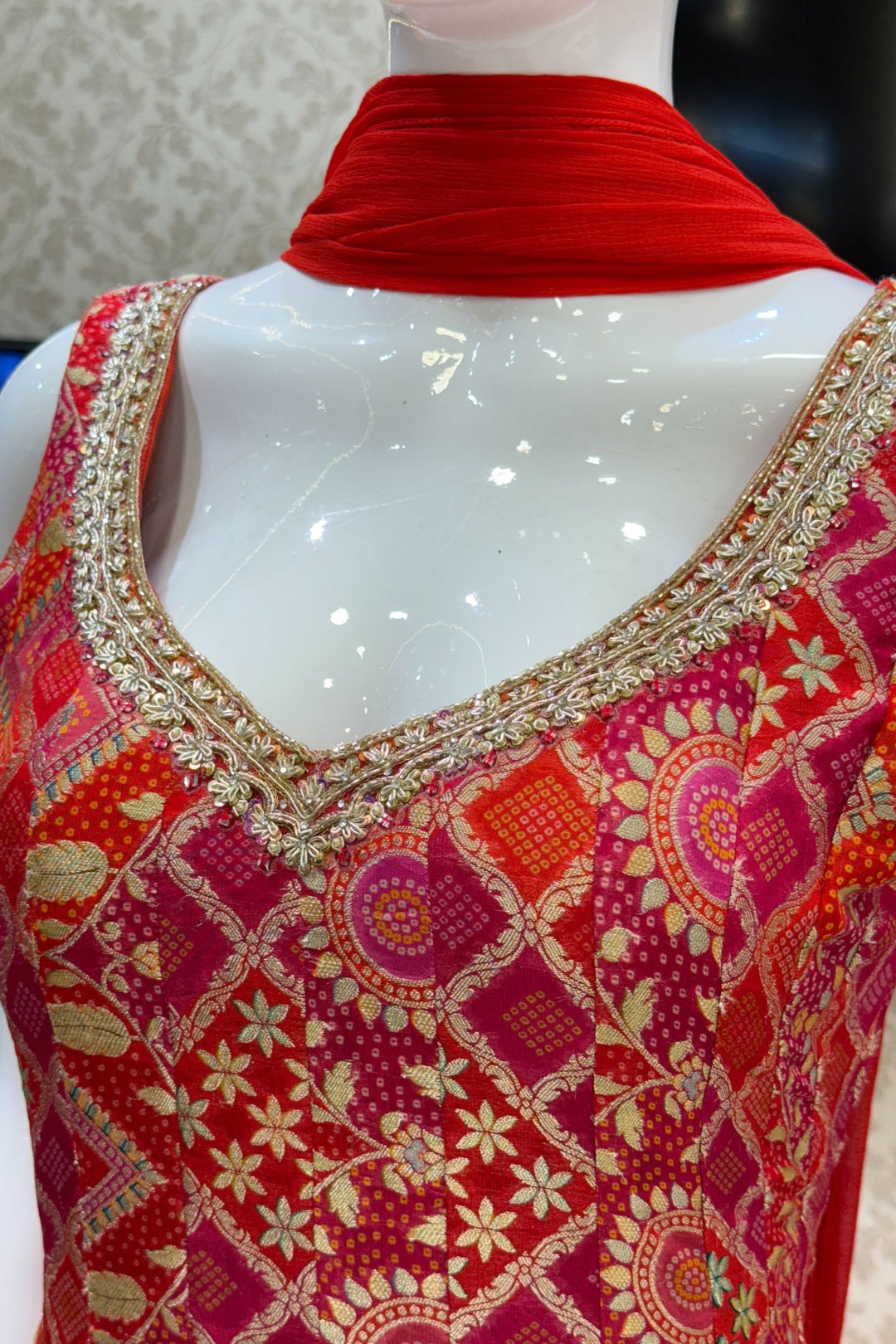 Orange with Rani Pink Banaras work with Bandini Print Anarkali Style Salwar Suit with Palazzo Pant