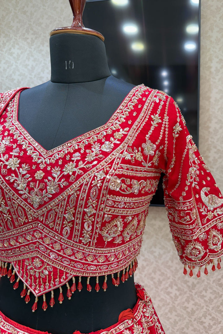 Red Beads, Zari, Zardozi, Thread and Sequins work Crop Top Designer Bridal Lehenga
