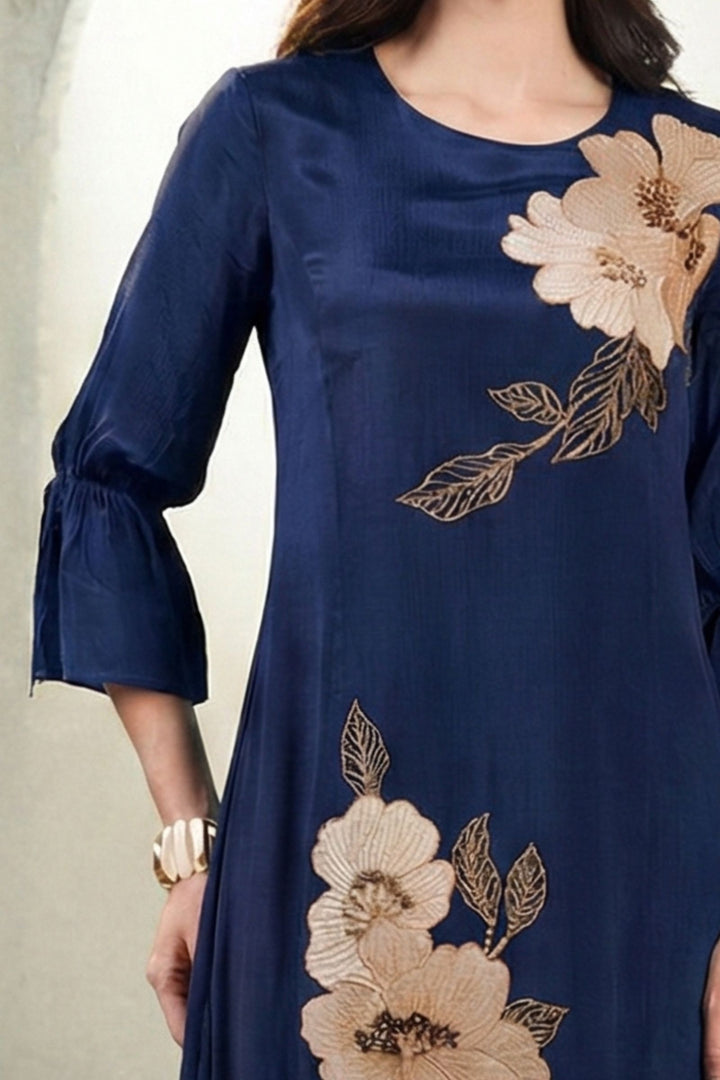 Navy Blue Beads and Zari work Anarkali Styled Long Kurti
