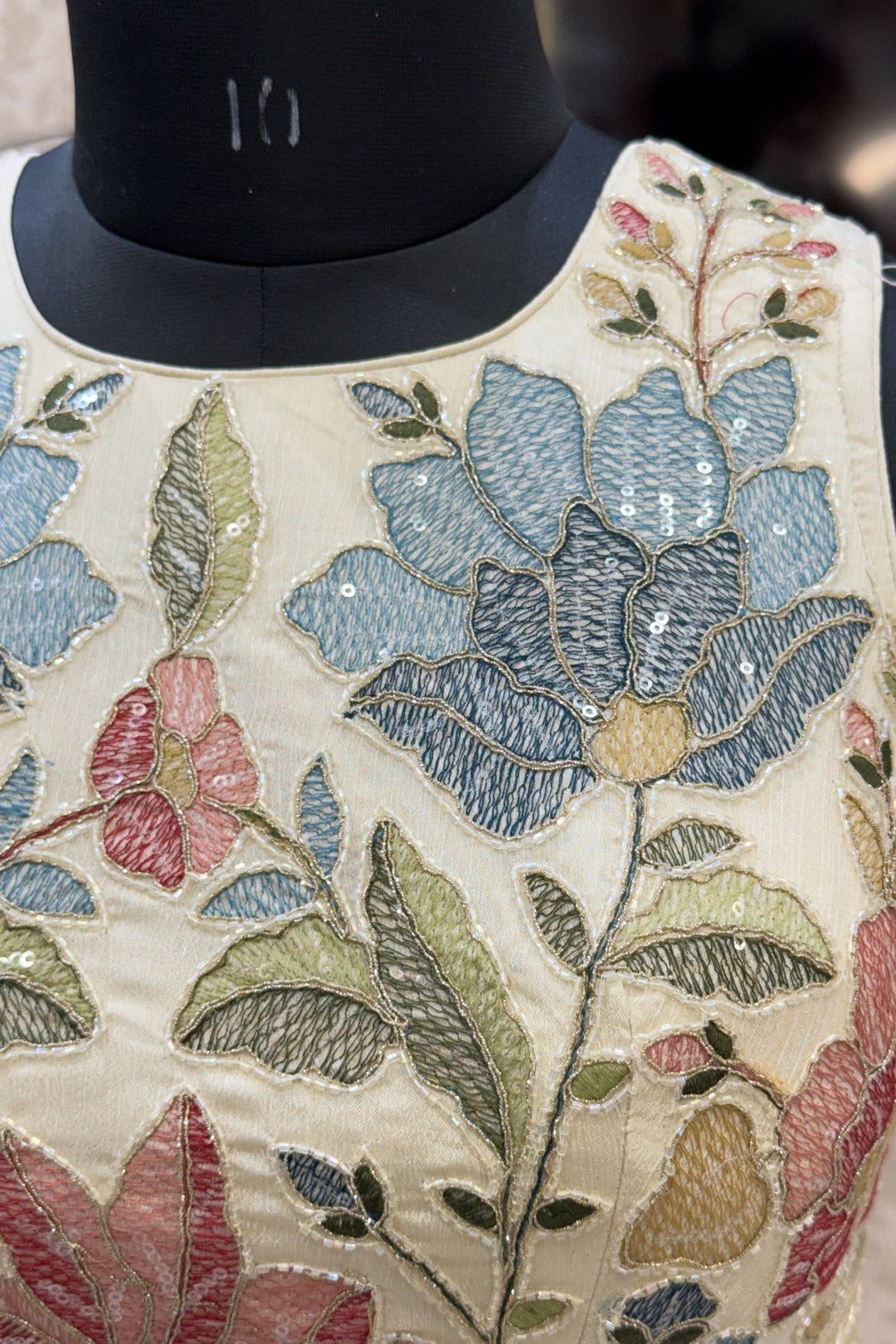 Cream Multicolor Thread, Beads, Zari Thread and Sequins work Crop Top Lehenga