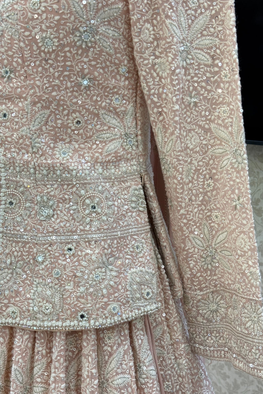 Peach Lucknowi, Sequins, Mirror, Beads and Zari work Crop Top Lehenga