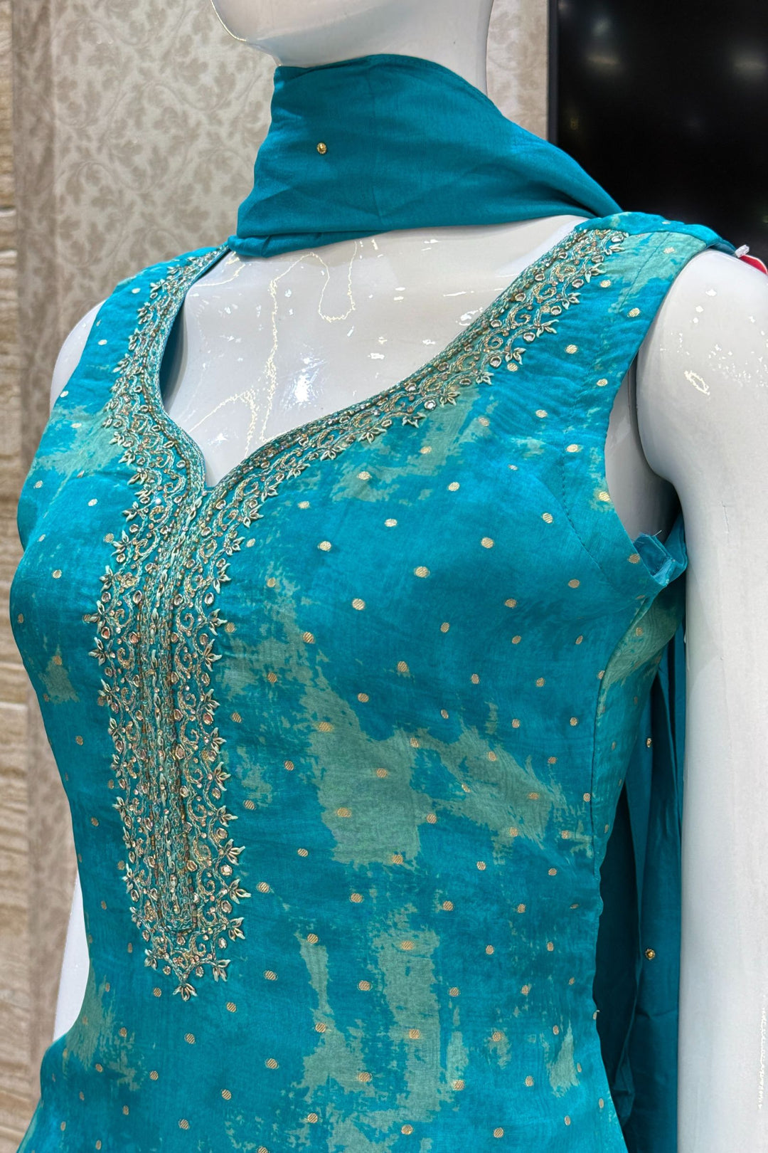 Rama Blue Stone, Zari, Beads, Zardozi and Mirror work Straight Cut Salwar Suit