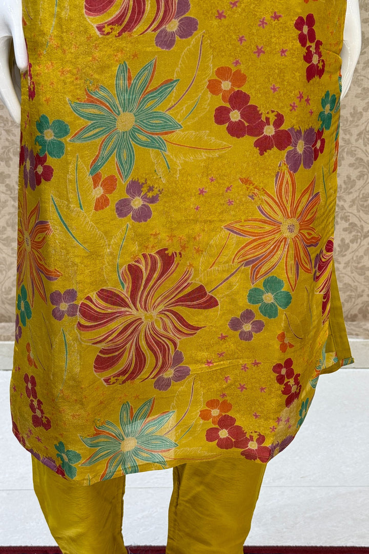 Yellow Zardozi, Beads, Sequins and Stone work with Floral Print Straight Cut Salwar Suit