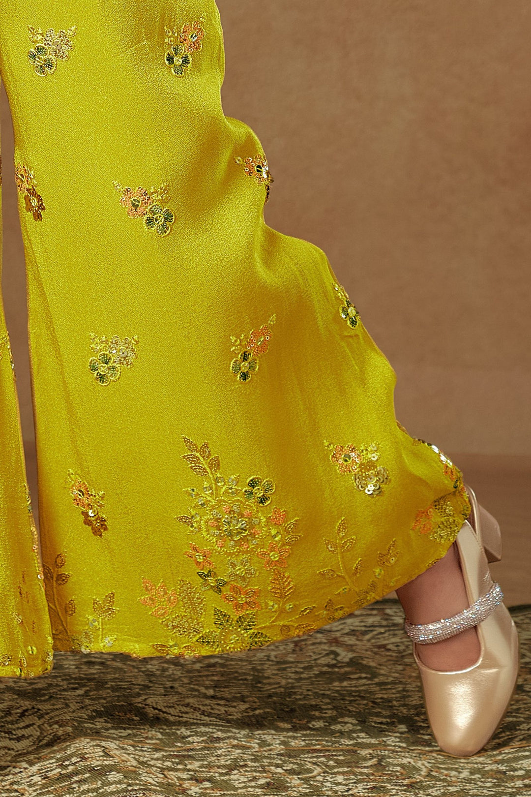 Lemon Green Sequins and Multicolor Thread work Palazzo Suit Set for Girls