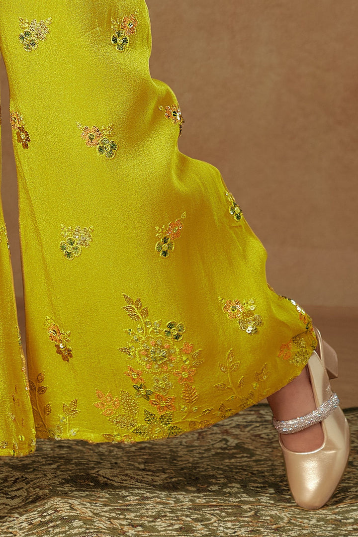 Lemon Green Sequins and Multicolor Thread work Palazzo Suit Set for Girls