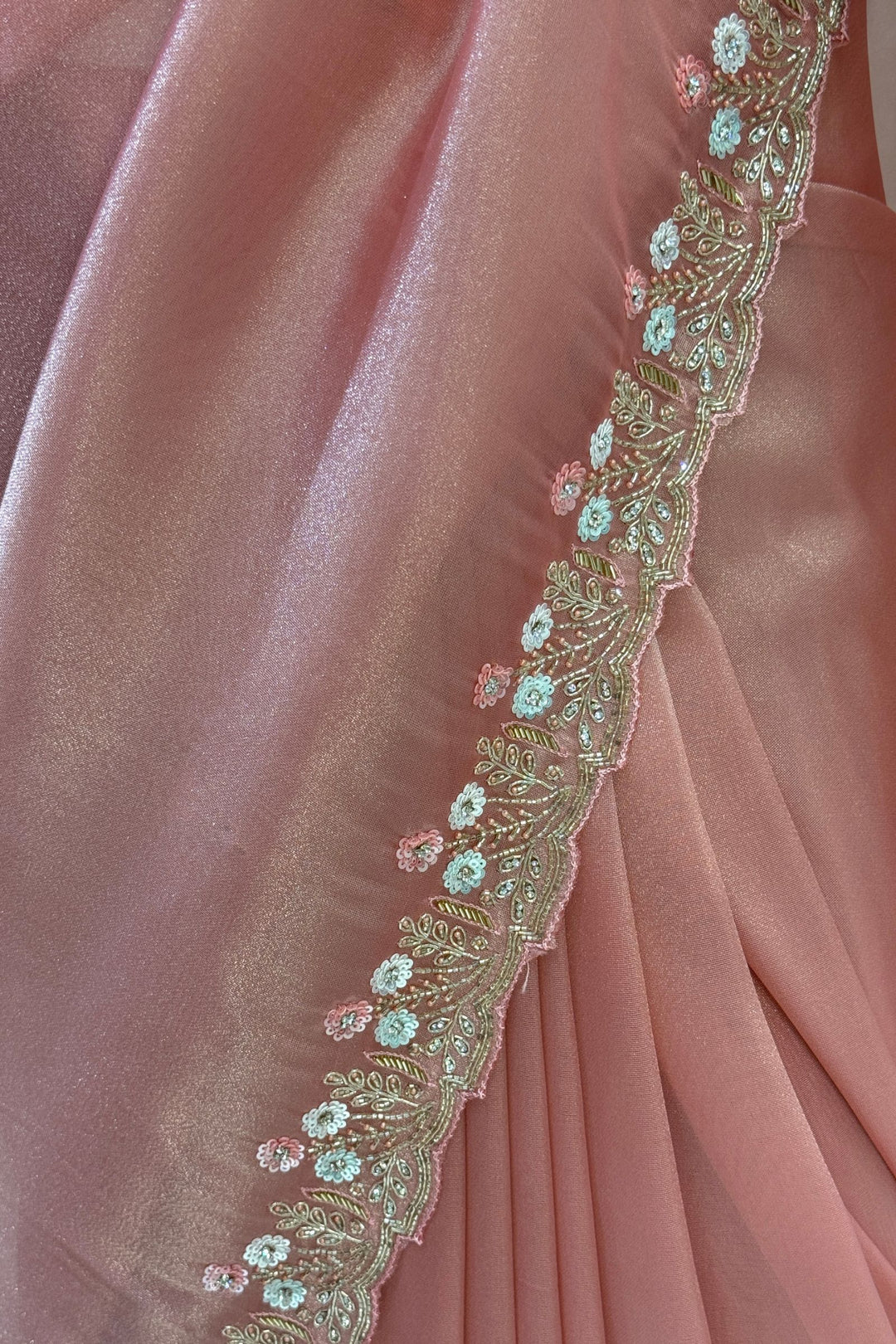 Peach Stone, Sequins, Zardozi and Beads work Saree