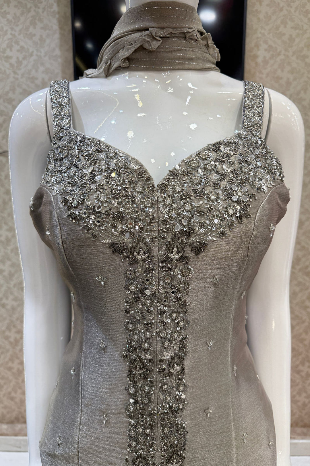 Grey Beads, Zardozi, Stone and Mirror work Palazzo Salwar Suit