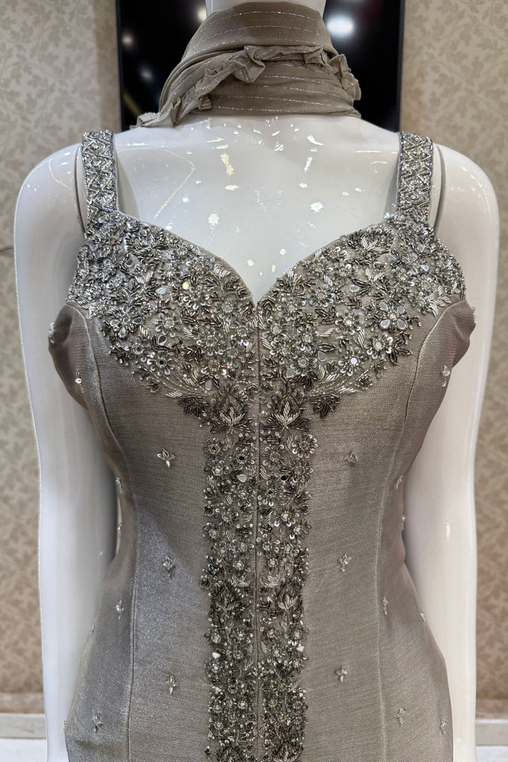 Grey Beads, Zardozi, Stone and Mirror work Palazzo Salwar Suit