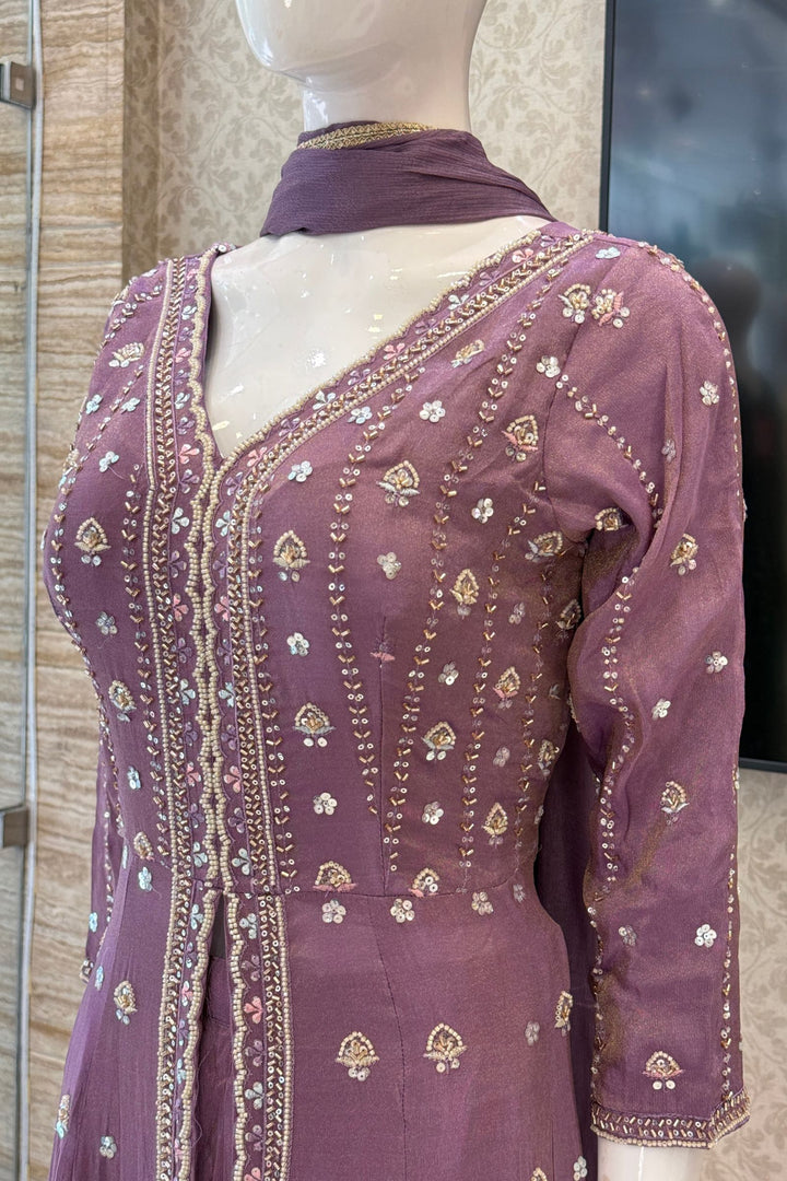 Lilac Beads, Sequins and Thread work Long Top with Straight Pant