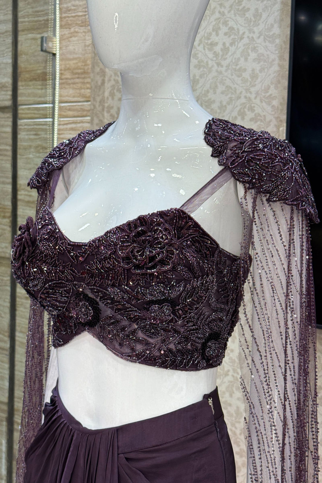 Wine Indo-Western Styled Beads and Sequins work Crop Top and Cowl Skirt