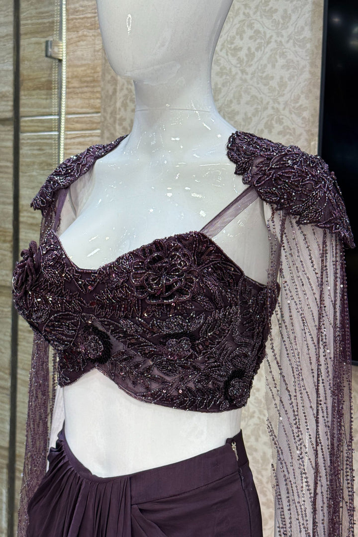 Wine Indo-Western Styled Beads and Sequins work Crop Top and Cowl Skirt