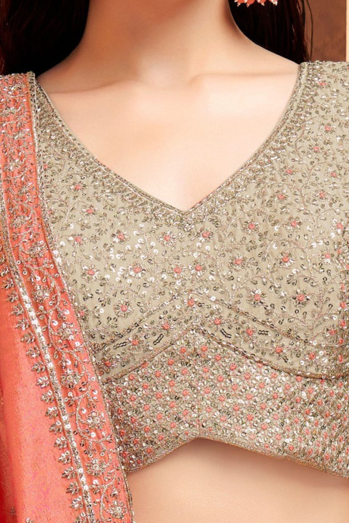 Beige Beads, Thread and Sequins work Lehenga