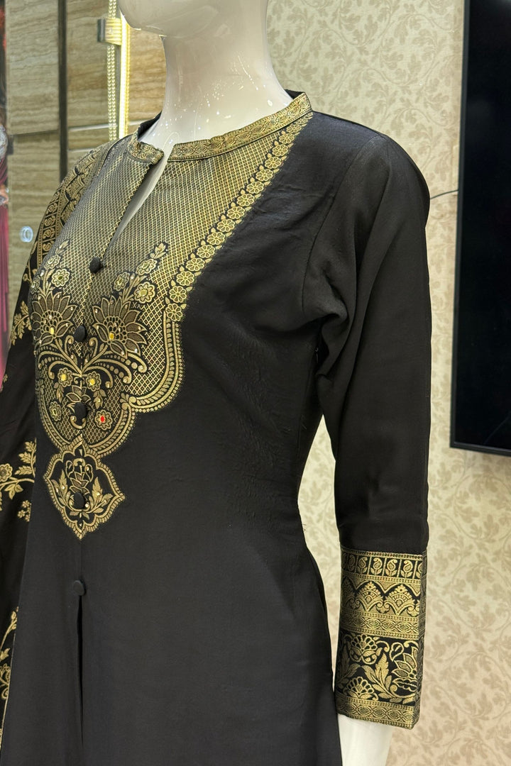 Black Straight Cut Salwar Suit with Stone, Mirror and Banaras work