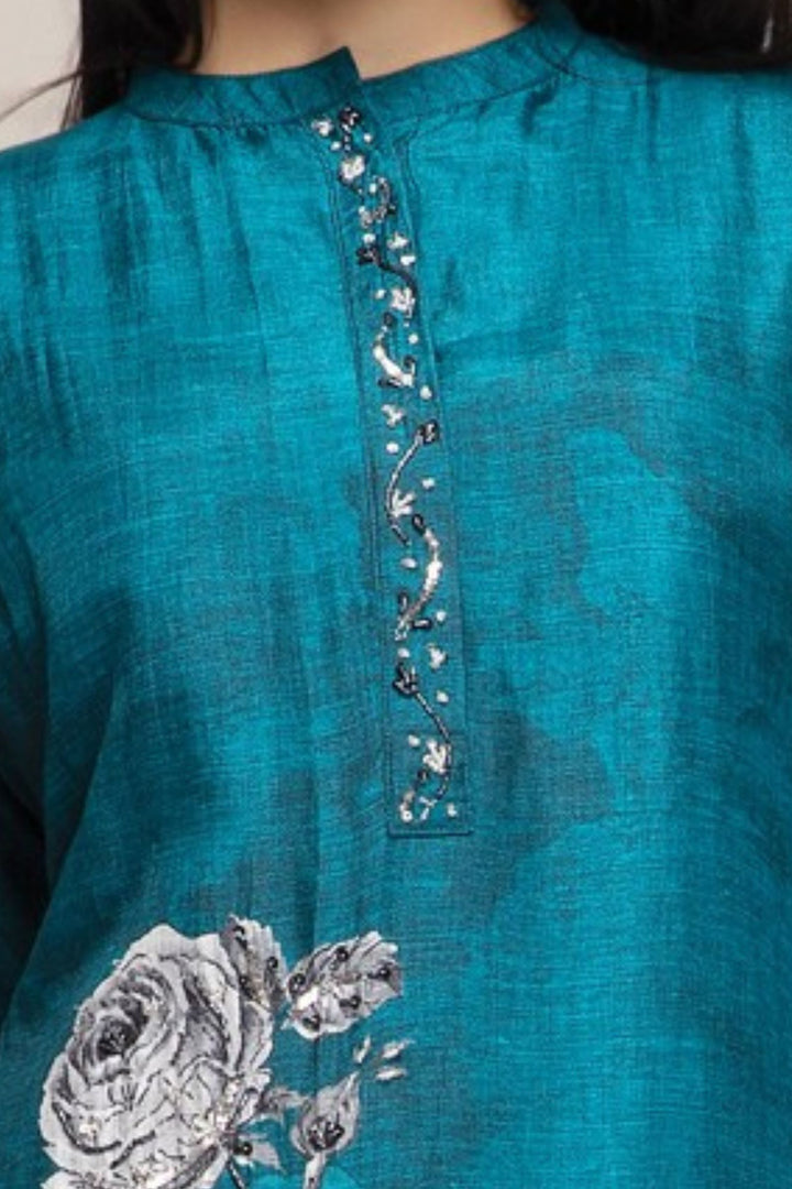 Blue Sequins and Beads work with Floral Print Straight Kurta Set