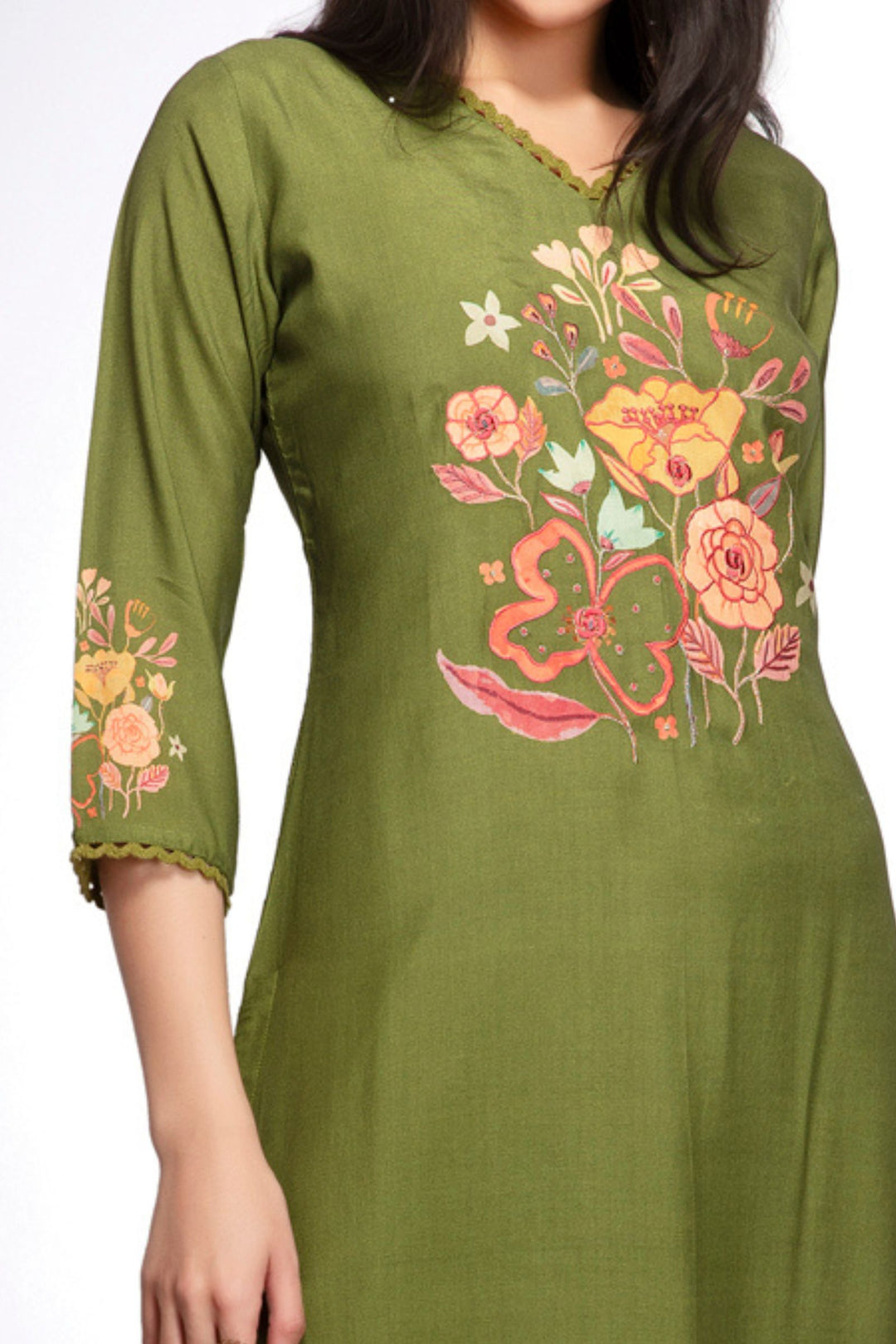 Green Zari and Thread work with Floral Print Calf Length Kurti