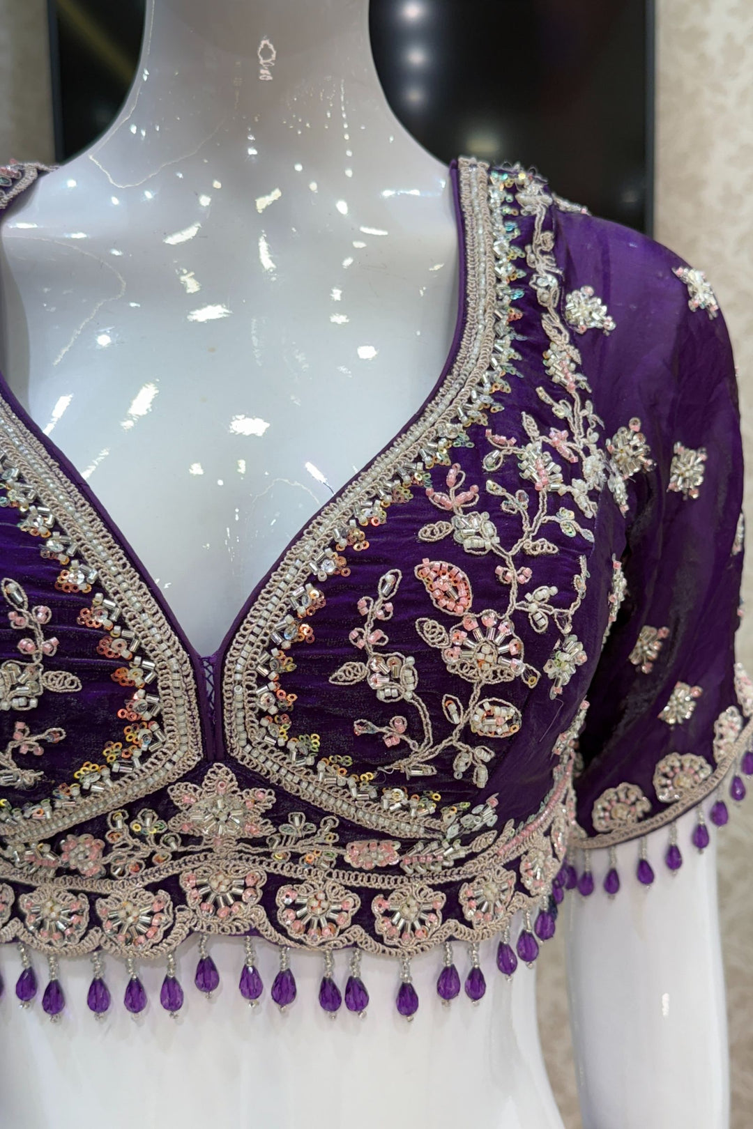 Purple Beads, Zari, Thread and Sequins work Crop Top Bridal Lehenga