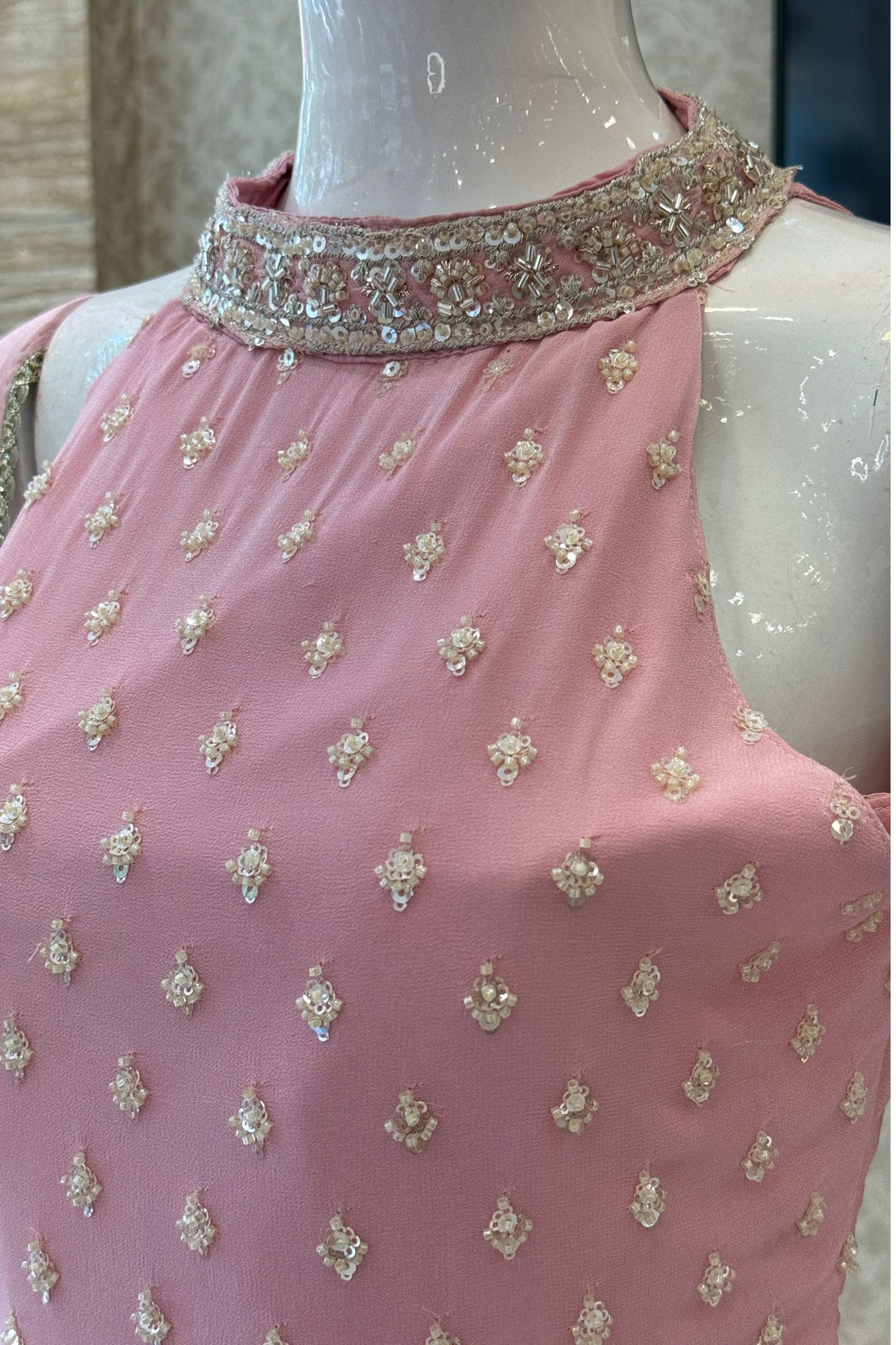 Light Pink Zari, Sequins and Beads work Palazzo Salwar Suit