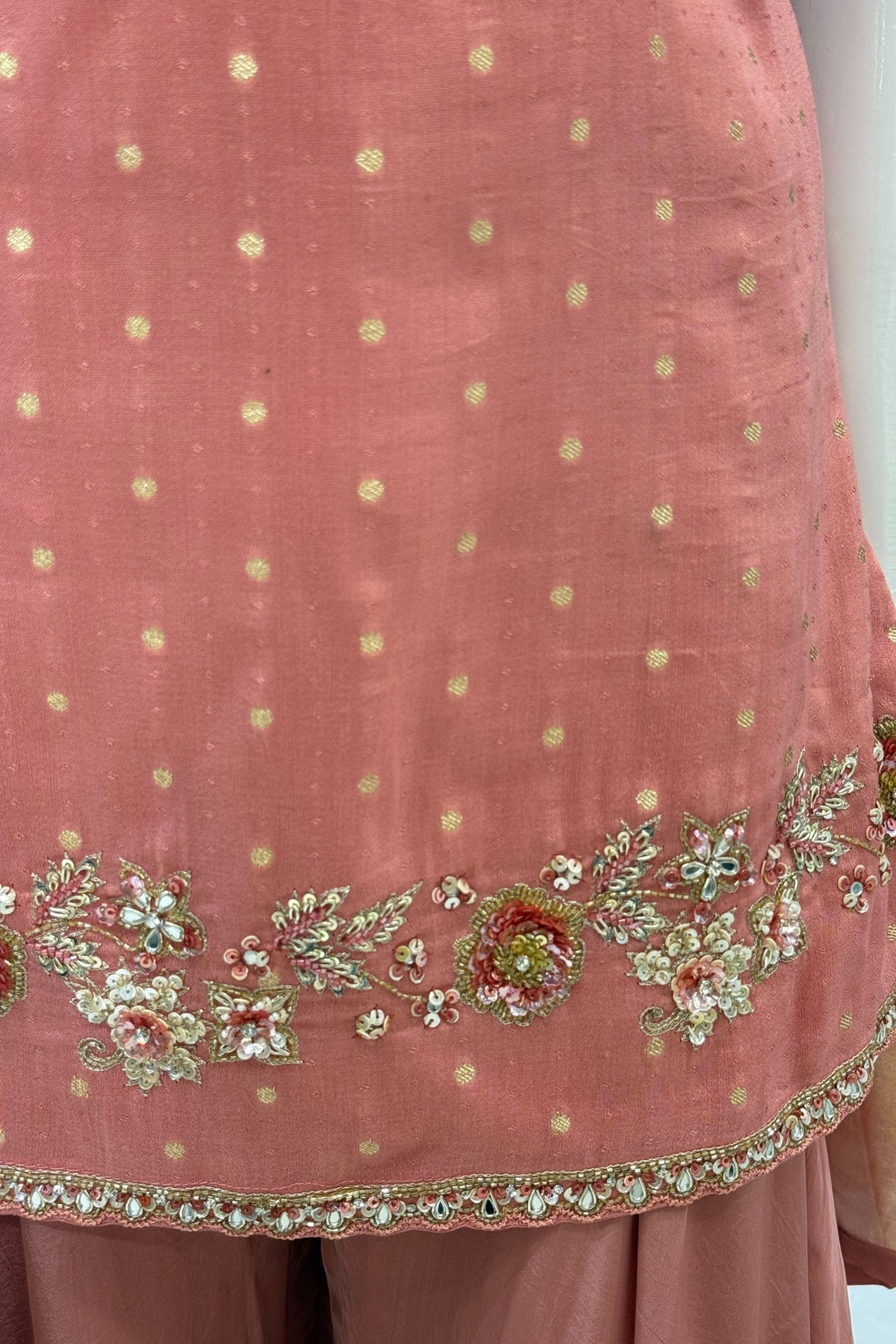 Peach Banaras Zari, Beads, Sequins, Mirror, Stone and Zardozi work Palazzo Salwar Suit