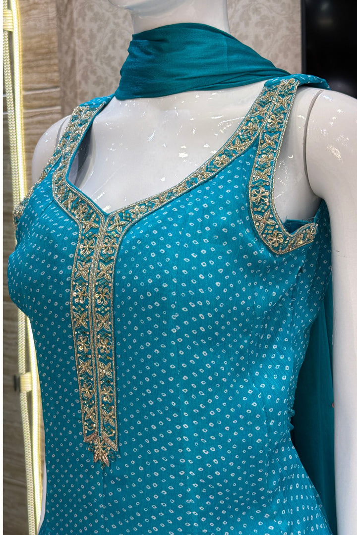 Rama Blue with Bandini Print Anarkali Style Salwar Suit with Palazzo Pant