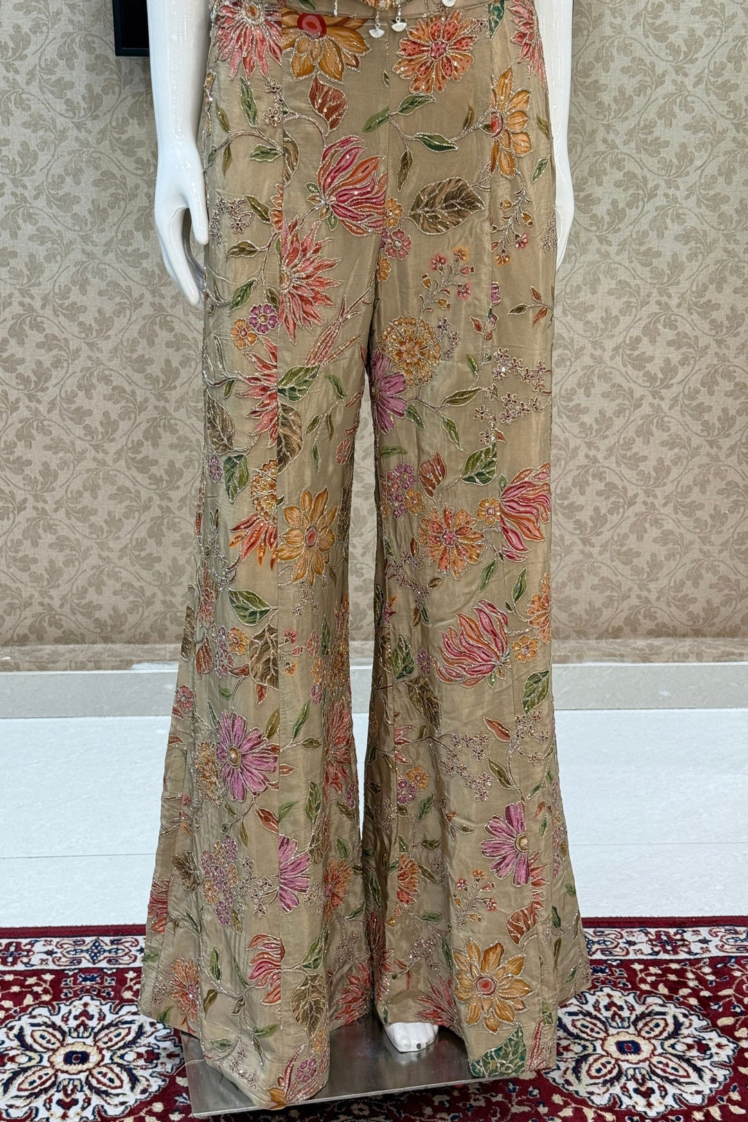 Beige Halter Neck Palazzo Set with Zardozi, Zari, Beads, Sequins, Stone and Mirror Detailing (Copy)