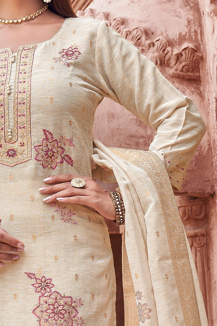 Beige Embroidery, Sequins and Zari work Straight Cut Salwar Suit