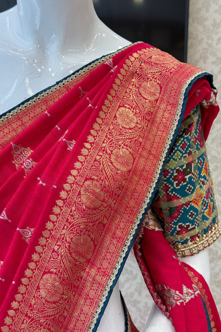 Rani Pink Banaras work Saree with Patola Print, Sequins and Zardozi work Readymade Blouse