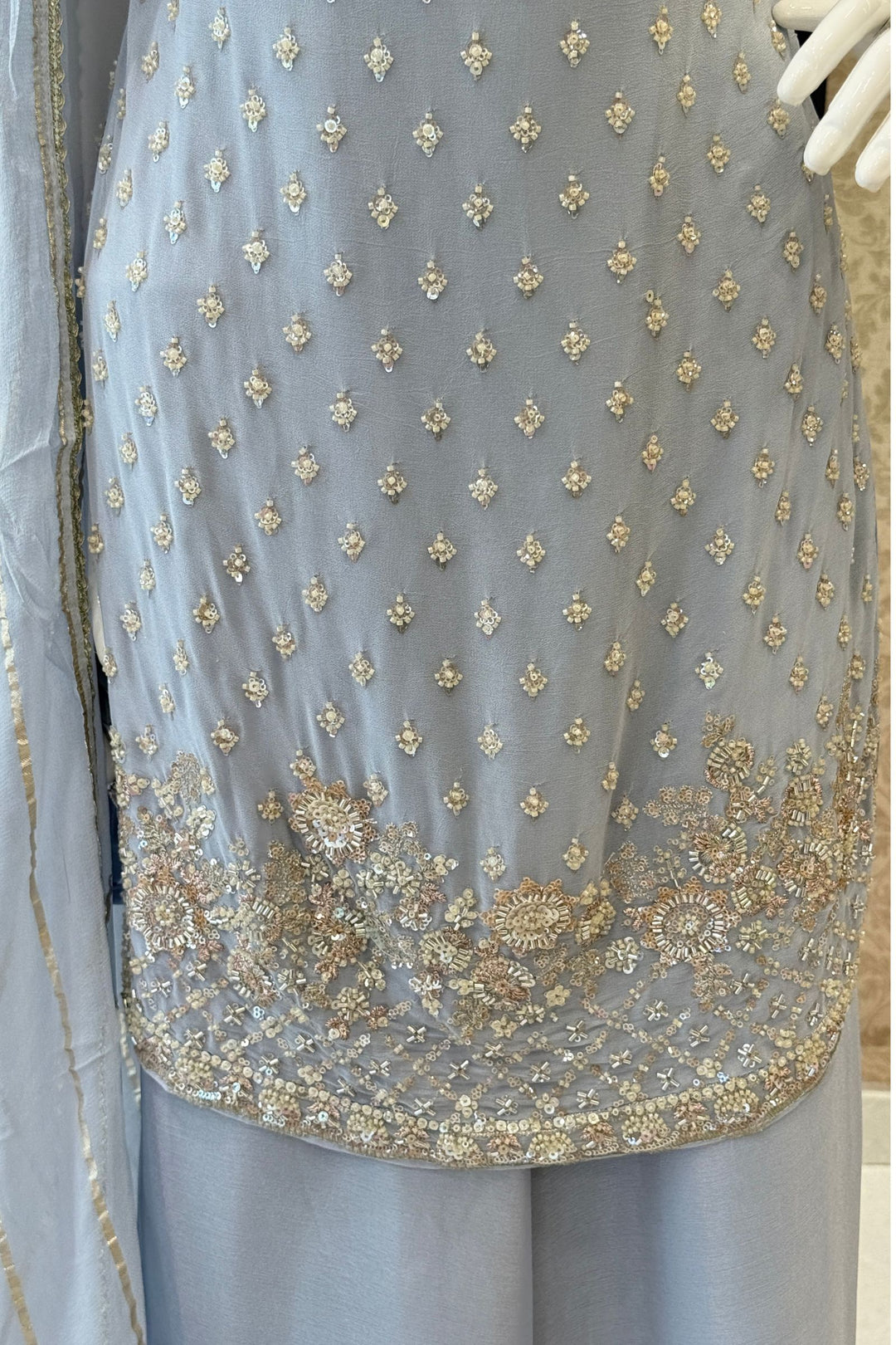 Sea Blue Zari, Sequins and Beads work Palazzo Salwar Suit