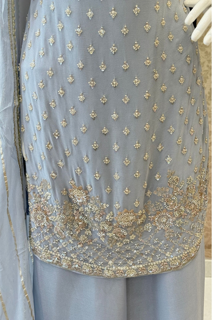 Sea Blue Zari, Sequins and Beads work Palazzo Salwar Suit