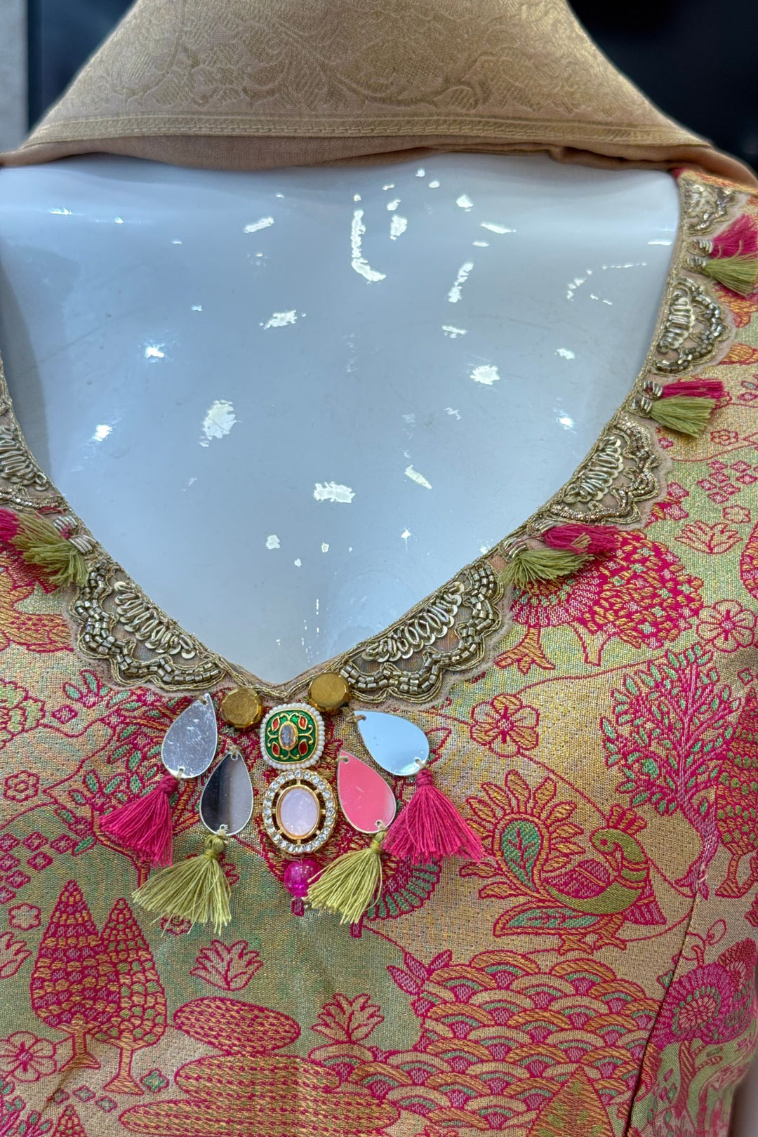 Gold with Pink Banaras work Palazzo Salwar Suit