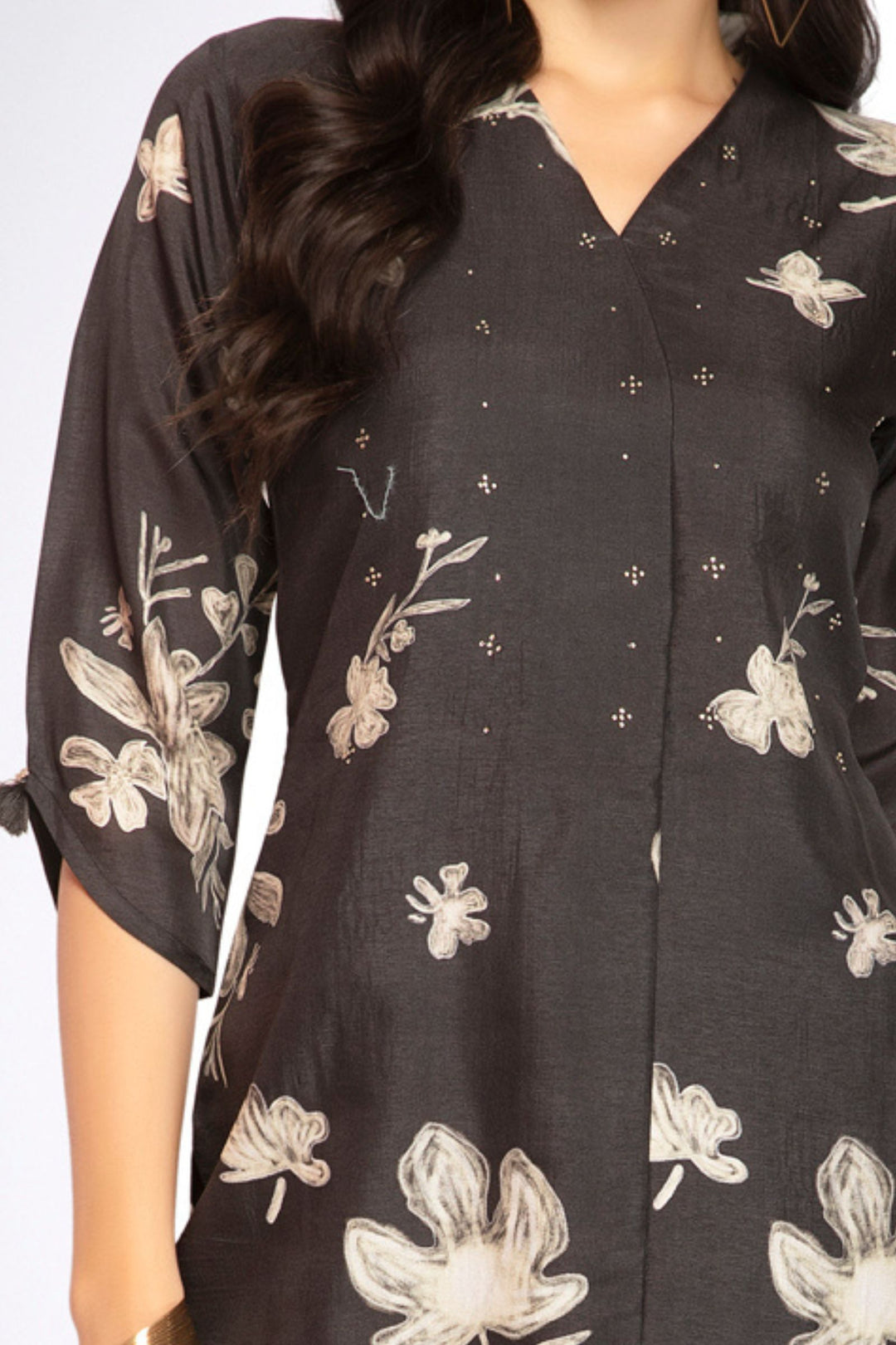 Black Stone work with Floral Print Calf Length Kurti