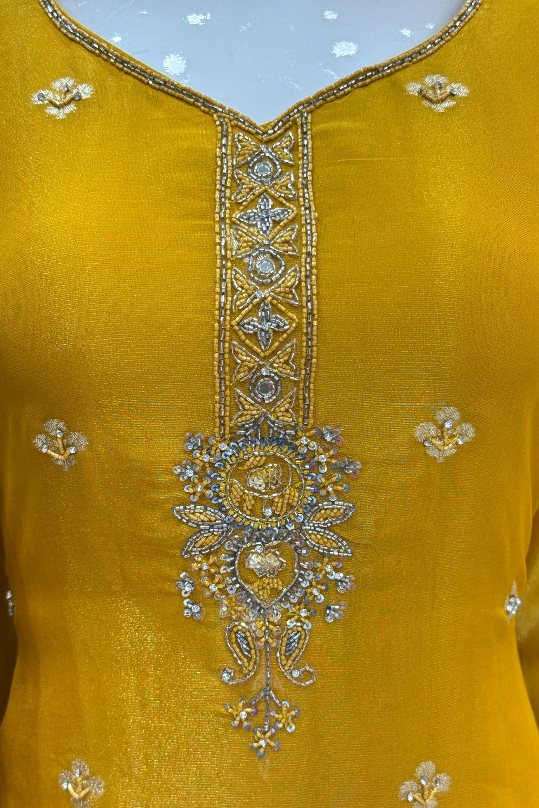 Yellow Beads, Mirror, Sequins, Jacquard and Stone work Straight Cut Salwar Suit