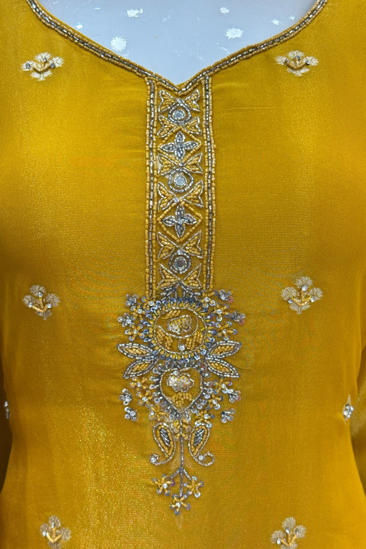 Yellow Beads, Mirror, Sequins, Jacquard and Stone work Straight Cut Salwar Suit