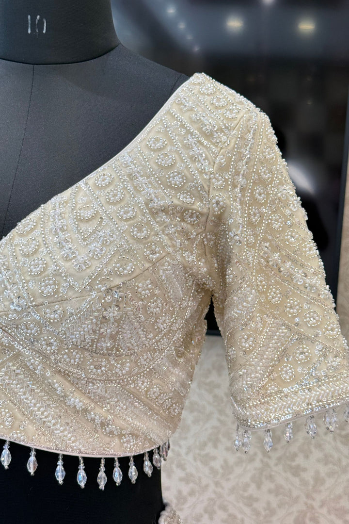 Cream Beads, Pearls and Sequins work Crop Top Designer Bridal Lehenga