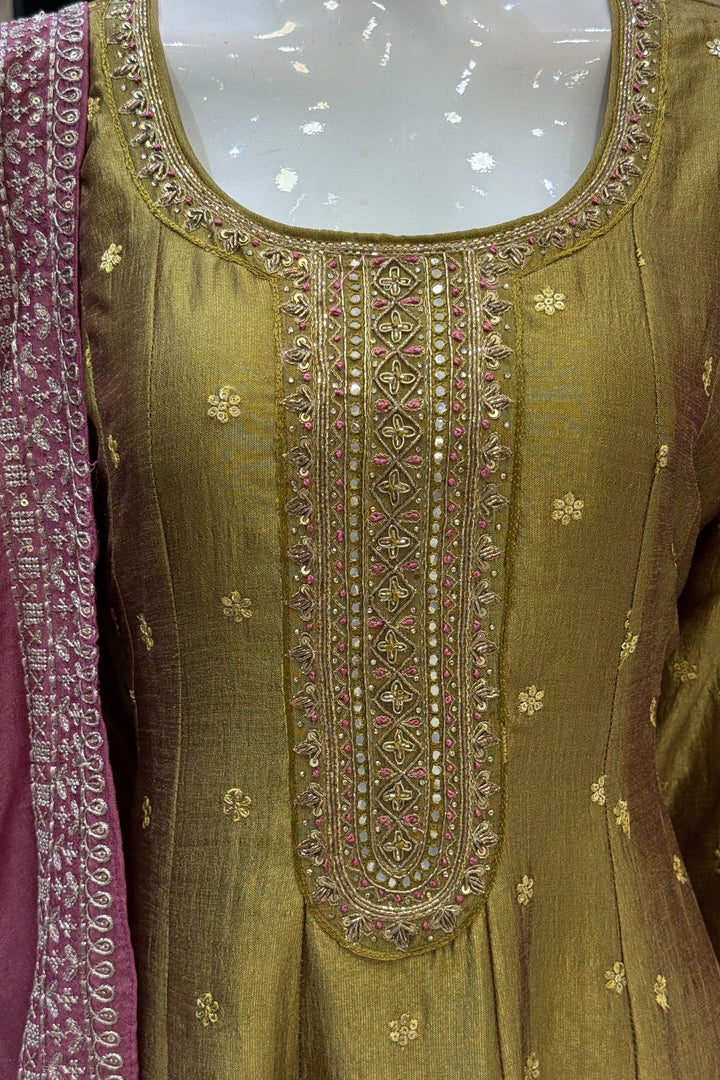 Olive Green Beads, Zardozi, Thread, Sequins, Stone and Zari work A-line Cut Salwar Suit