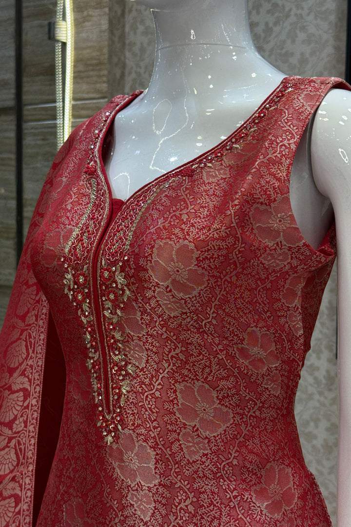 Red Brocade, Zardozi, Stone, Beads and Thread work Straight Cut Salwar Suit