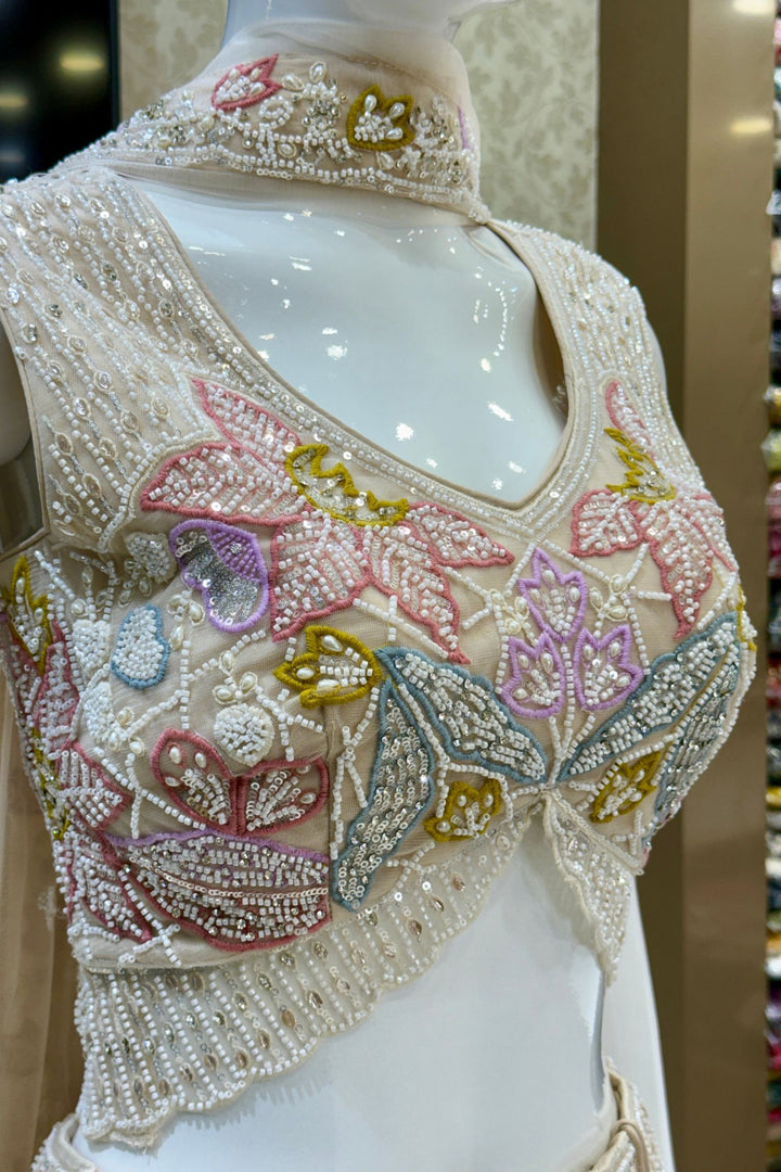 Beige Beads, Stone, Sequins, Pearl and Multicolor Embroidery work Designer Lehenga