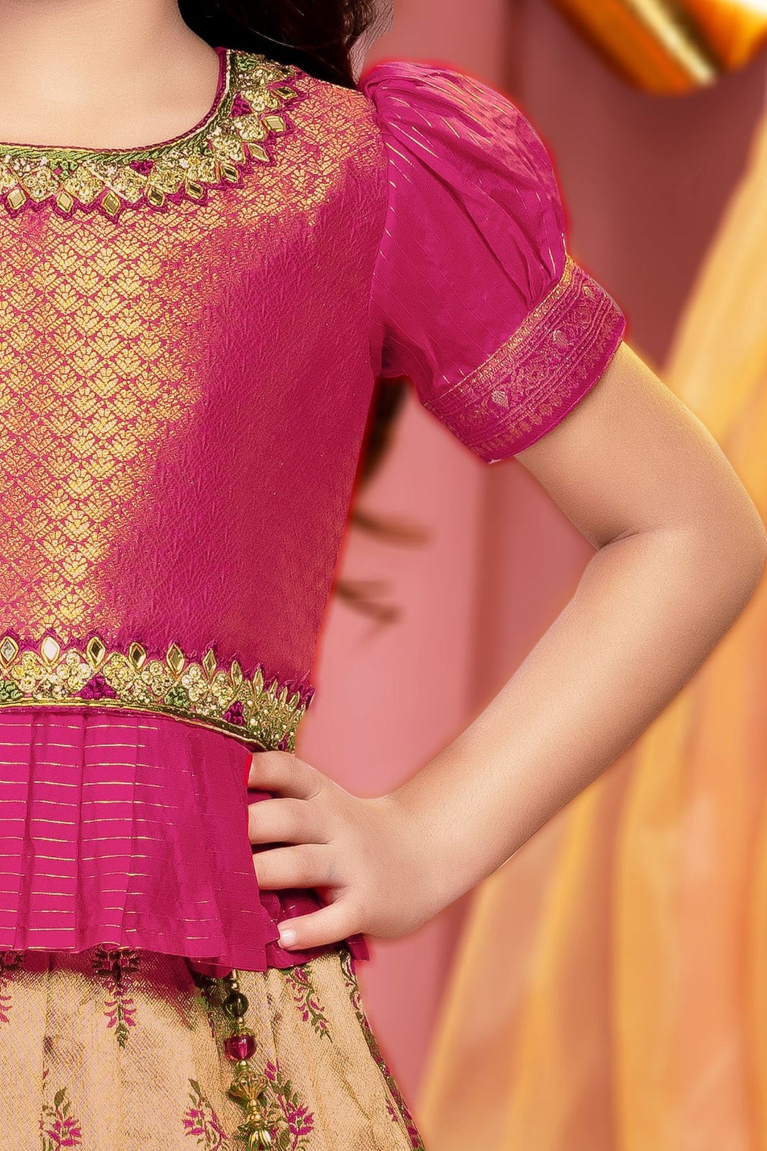 Rani Pink with Gold Zari, Mirror, Stone, Thread and Jacquard work Lehenga Choli for Girls