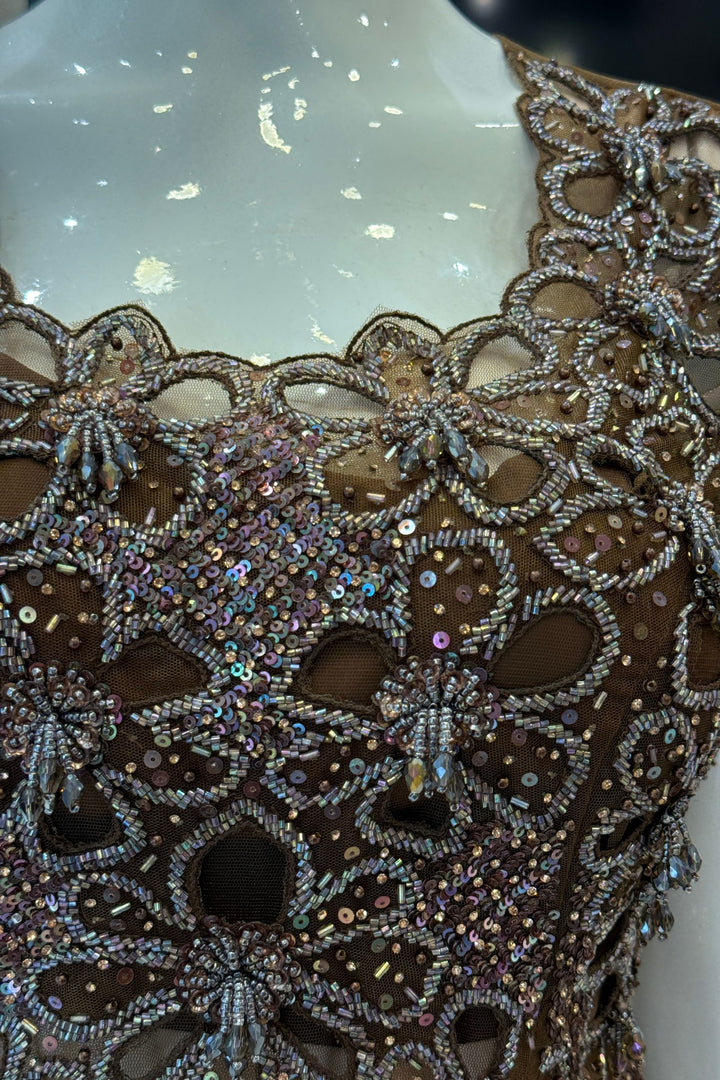 Brown Indo-Western Styled Beads and Sequins work Top and Cowl Skirt
