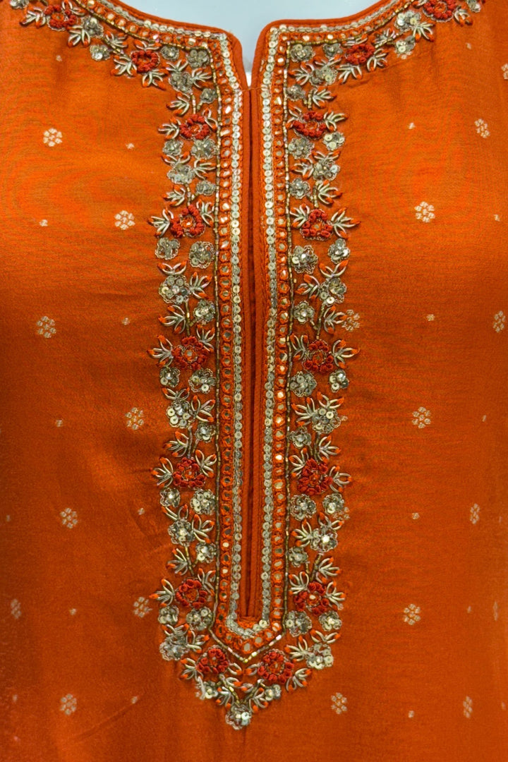 Orange Sequins, Beads, Zardozi, Stone and Banaras Butta work Straight Cut Salwar Suit