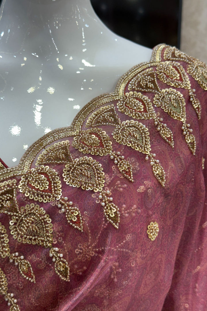 Onion Pink Pearls, Beads and Multicolor Thread work with Self Print Saree