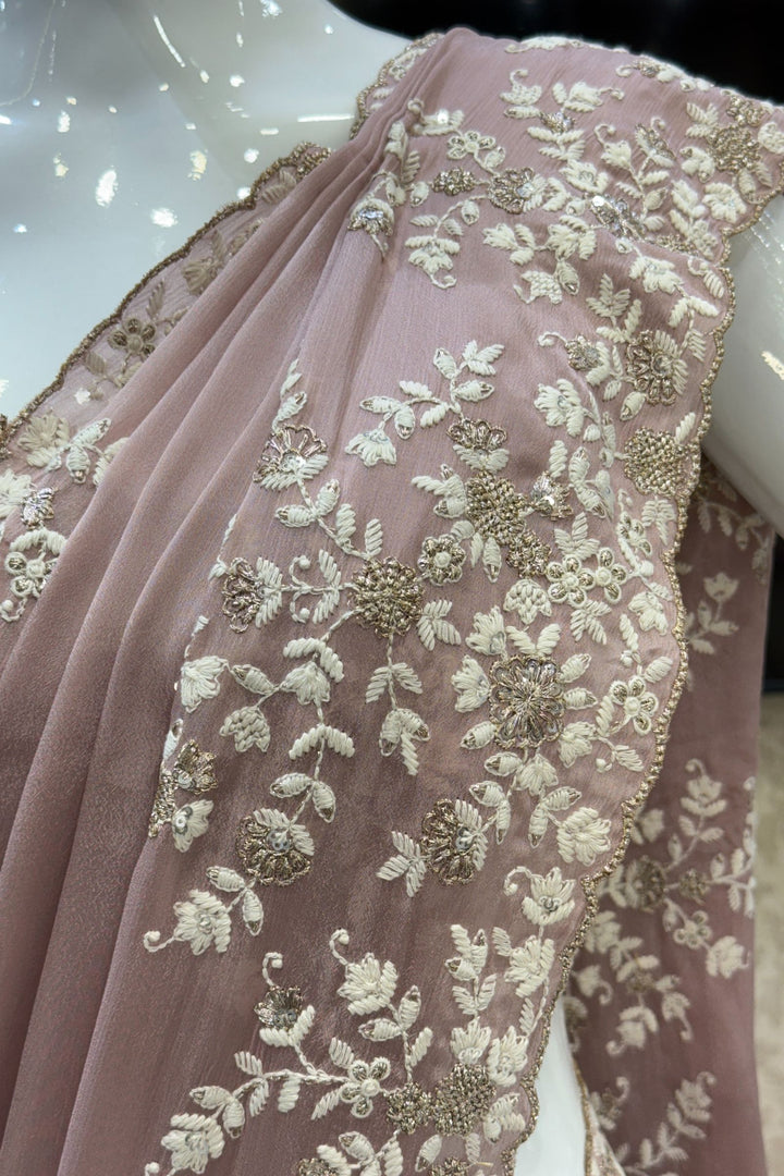 Onion Pink Embroidery, Zari and Sequins work Saree