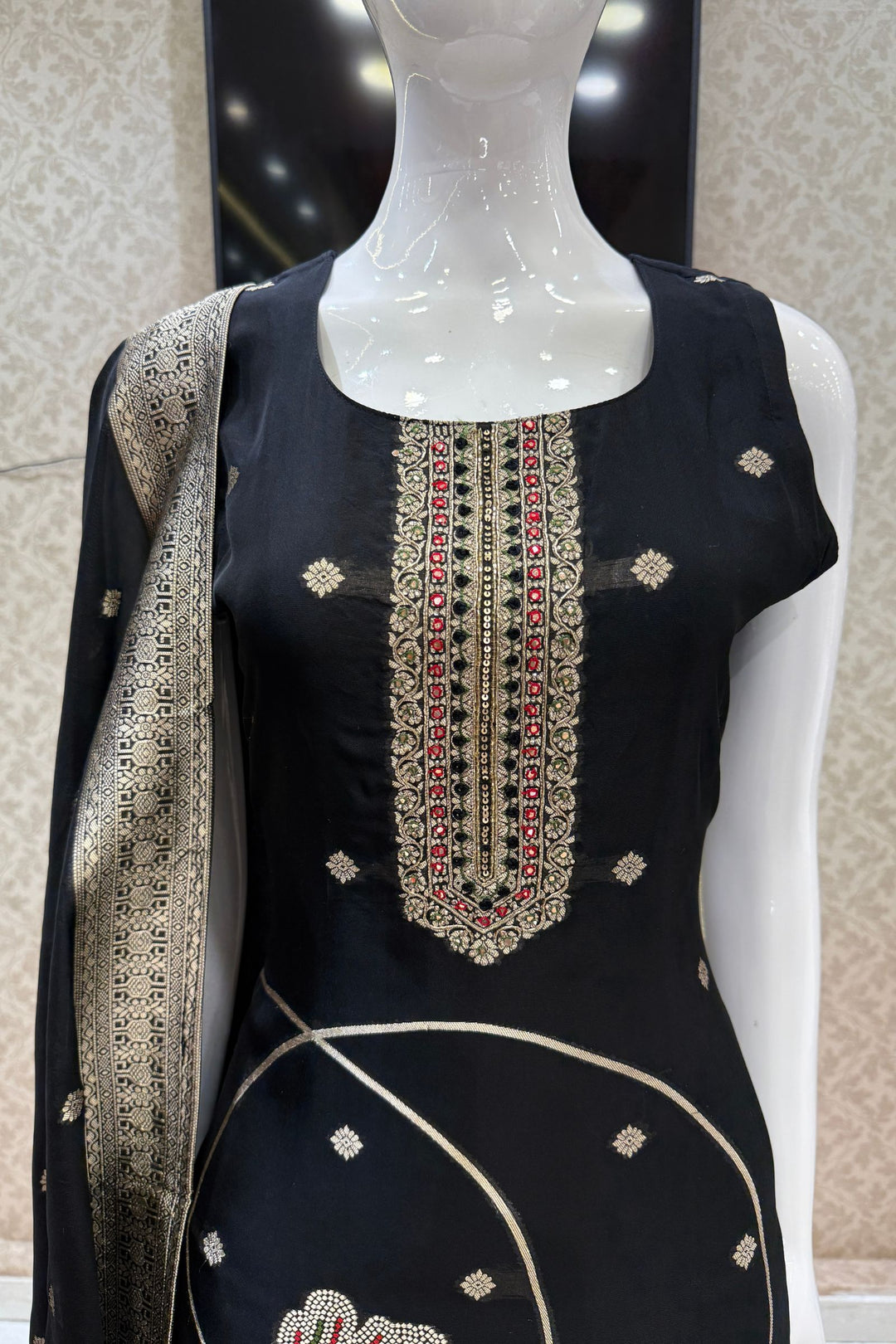 Black Banaras, Beads and Sequins work Straight Cut Salwar Suit
