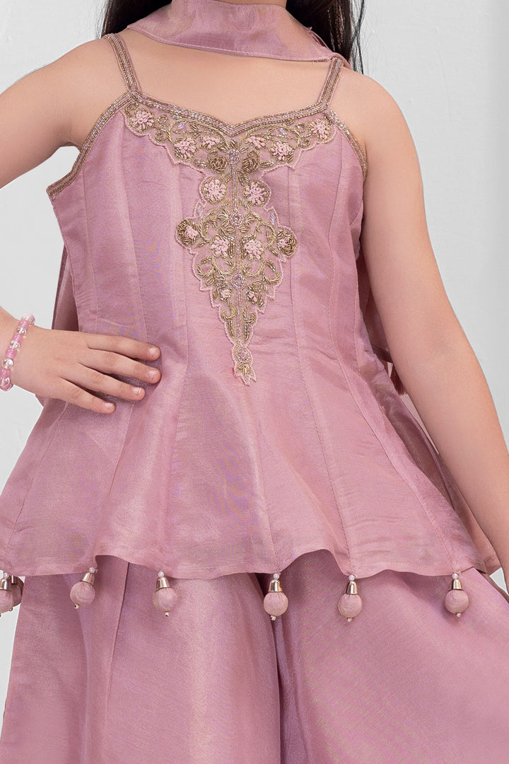 Girls Peach Zardozi, Beads and Zari work Peplum Palazzo Set