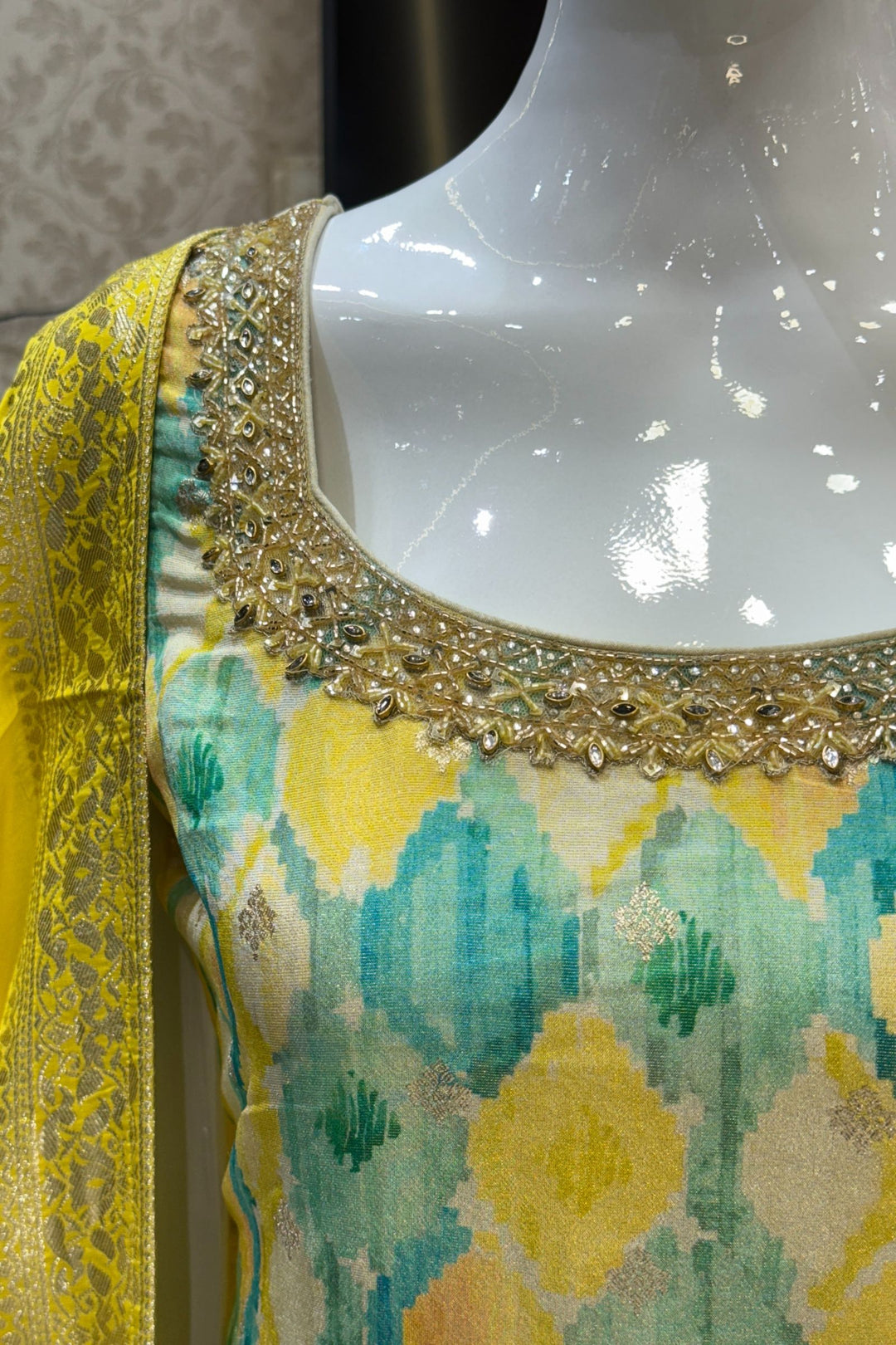 Multicolor Digital Print, Beads, Stone, Zari and Banaras work Straight Cut Salwar Suit