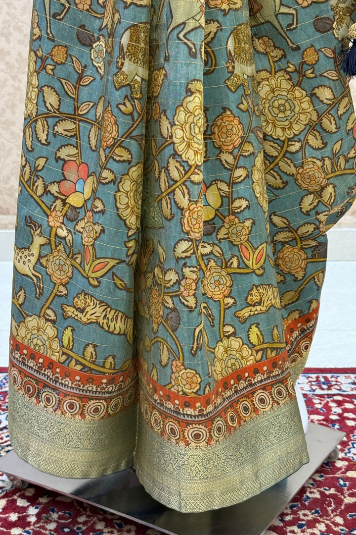Dusty Blue Saree with Traditional Kalamkari Prints and Banaras Zari Border