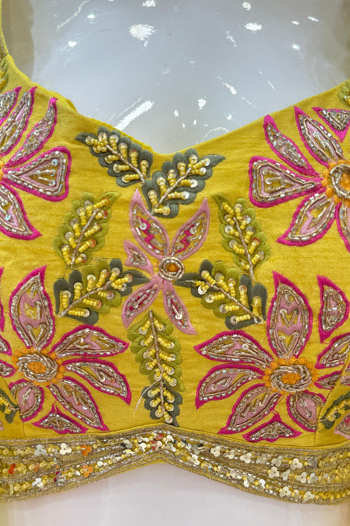 Lemon Yellow Multicolor Embroidery work with Digital Print Cape, Crop Top and Cowl Skirt